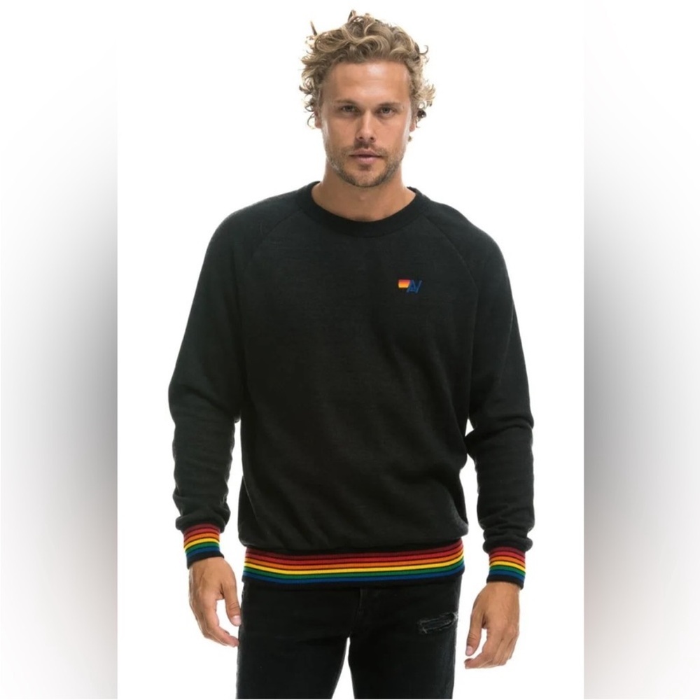 Aviator Nation Rainbow Rib Crew Sweatshirt in Black